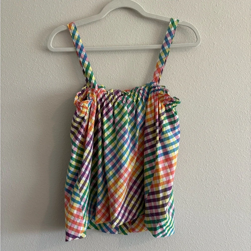 J. Crew Ruffle Tank Top Squareneck Button-Front Women’s 0 Cotton Gingham Rainbow